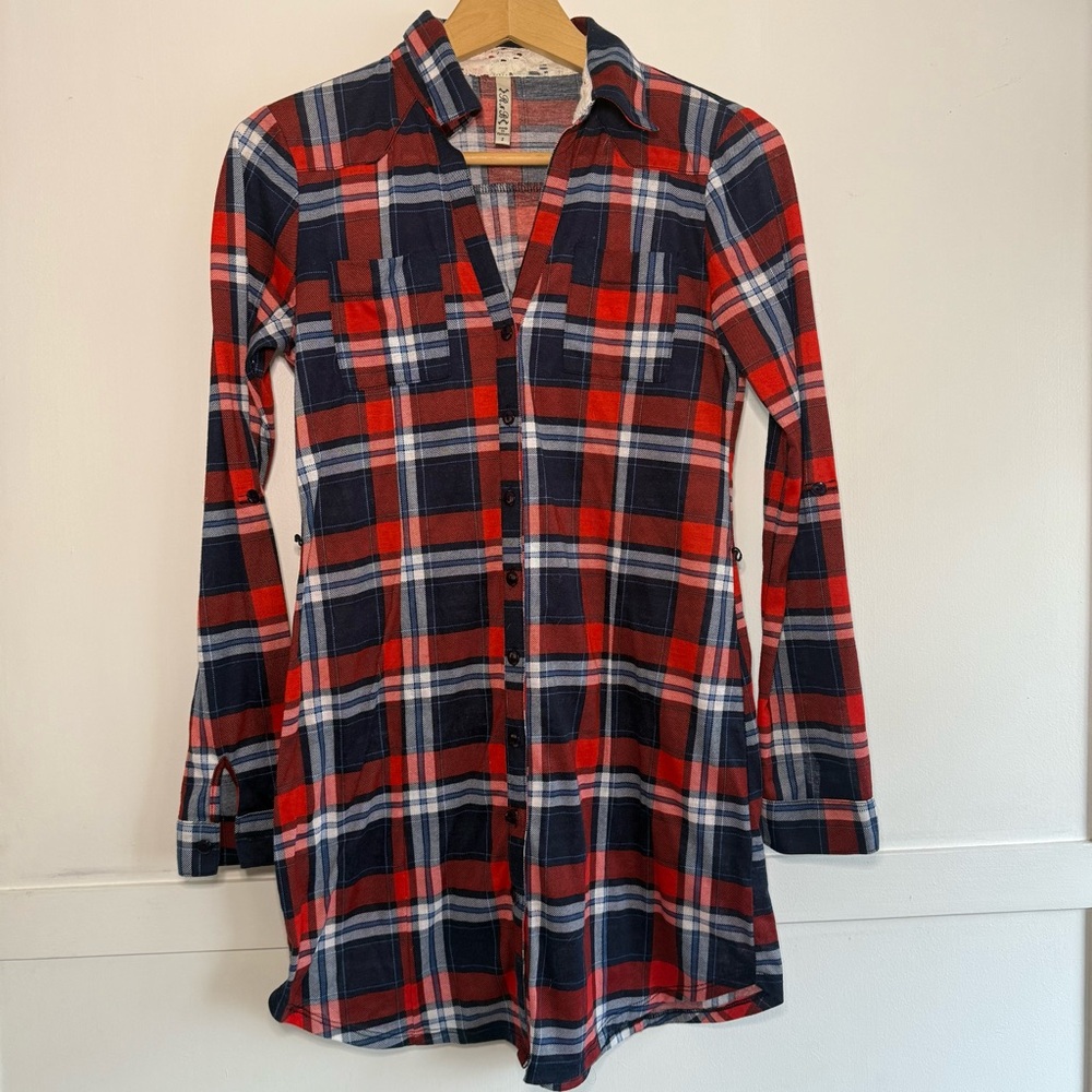 Red and Blue Plaid Button-Up Shirt Dress Tunic Size XS Holiday Cabincore